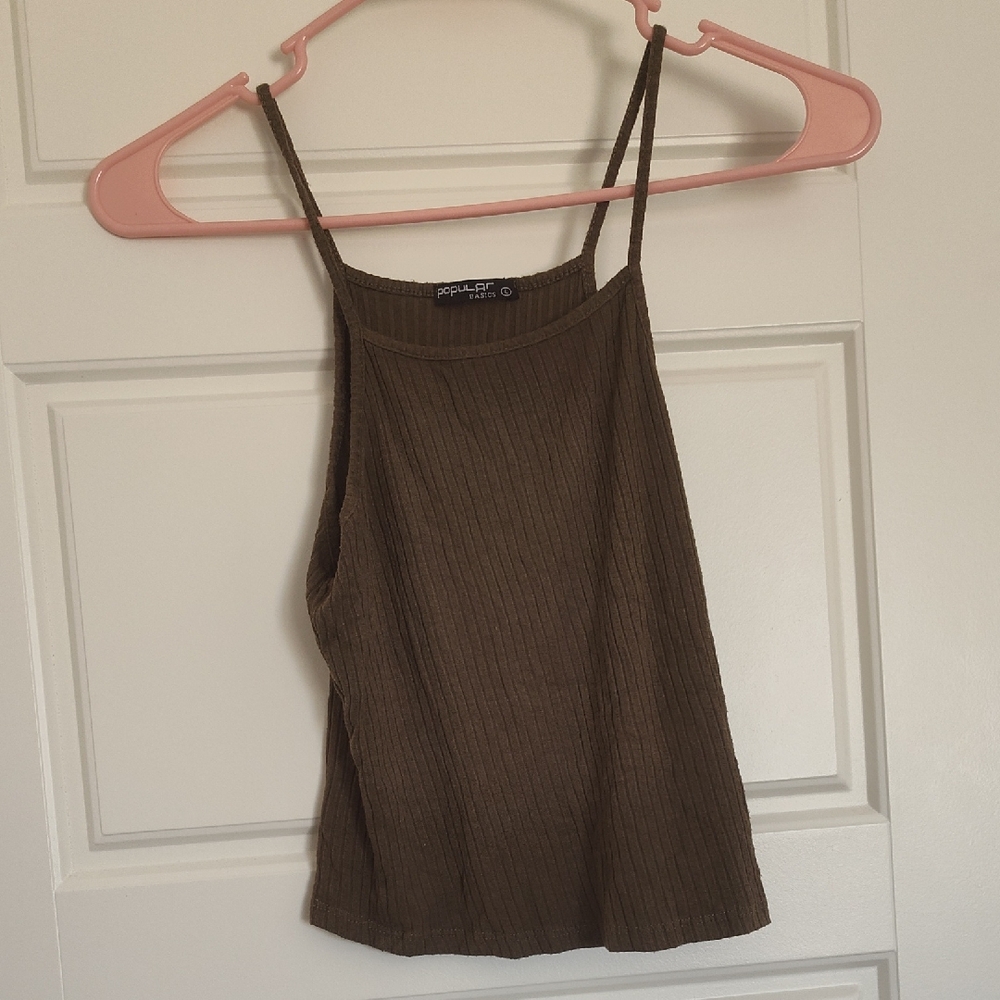 Popular Basics Olive Green Ribbed Spaghetti-Strap Cami